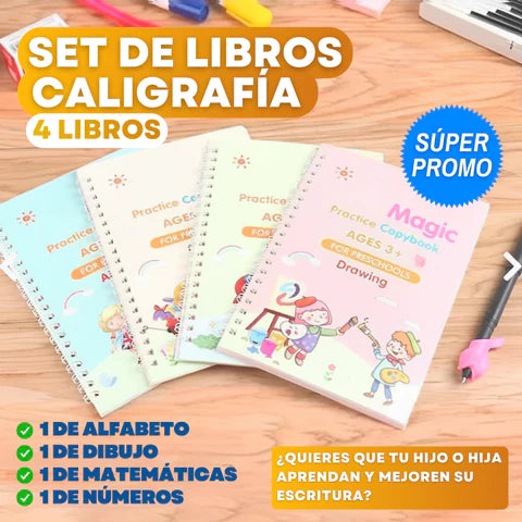 SUPER COMBO Set de 4 Libros De Caligrafía+Tinta Mágica Reutilizable y sujetador